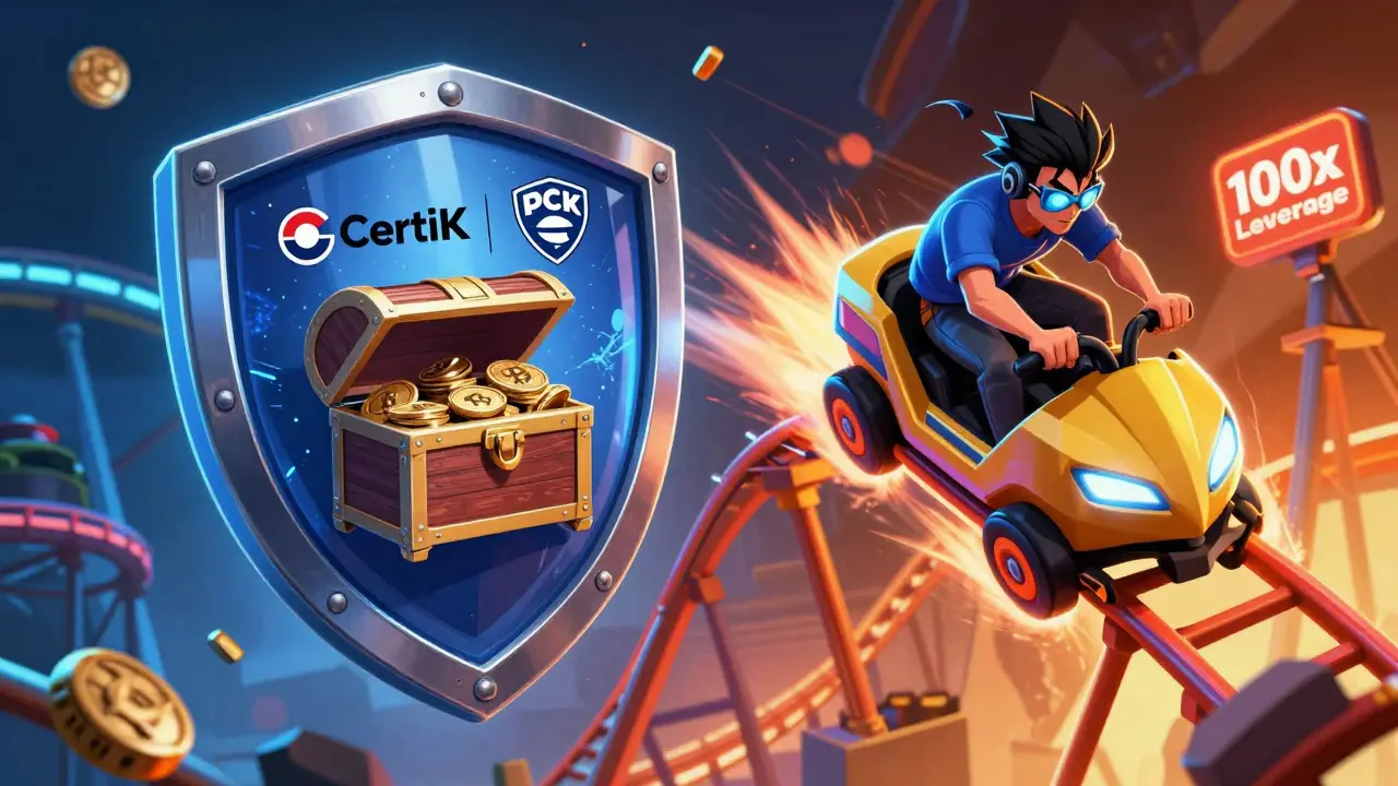 A protective security shield next to a character on a volatile 100x leverage roller coaster