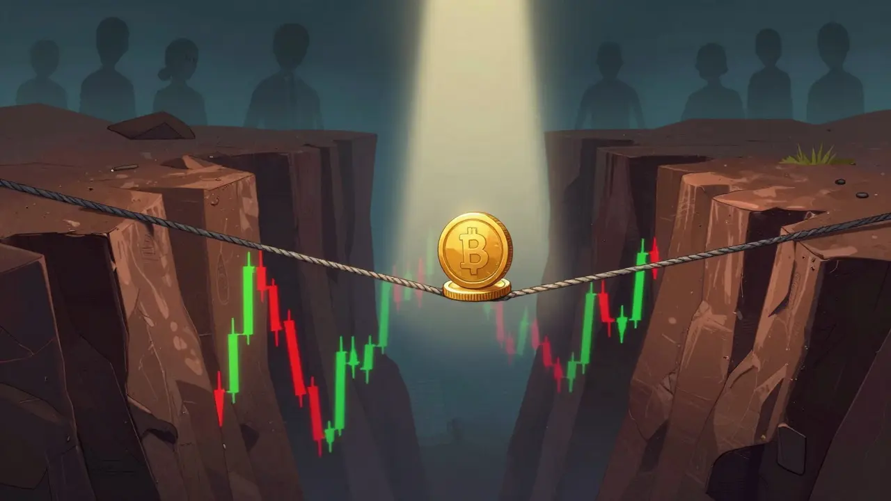 A tiny gold coin balancing on a volatile price chart tightrope.