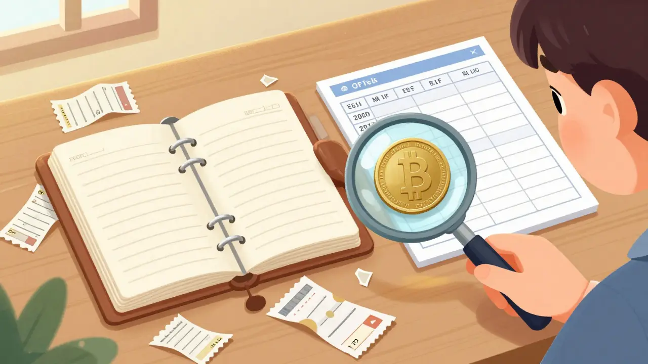 A trader organizing old receipts and digital spreadsheets on a desk.