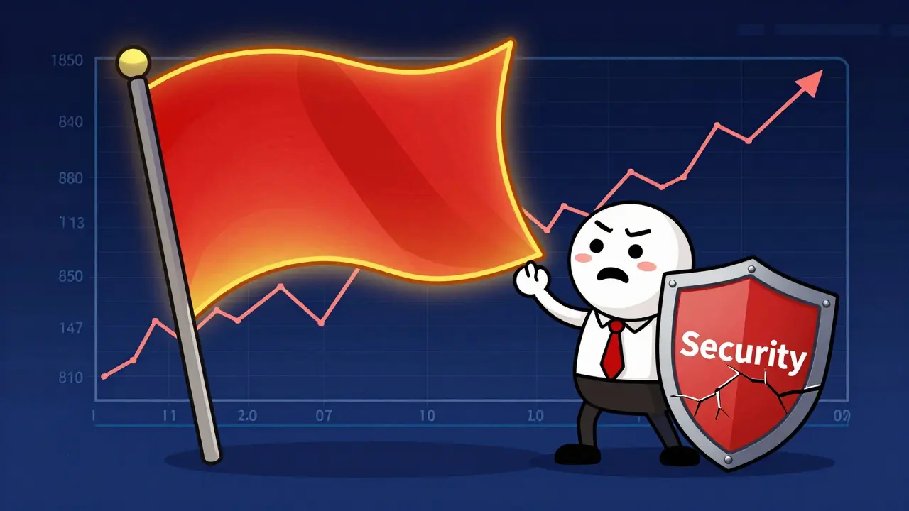 Cartoon character looking at a red warning flag and a flat trading chart.