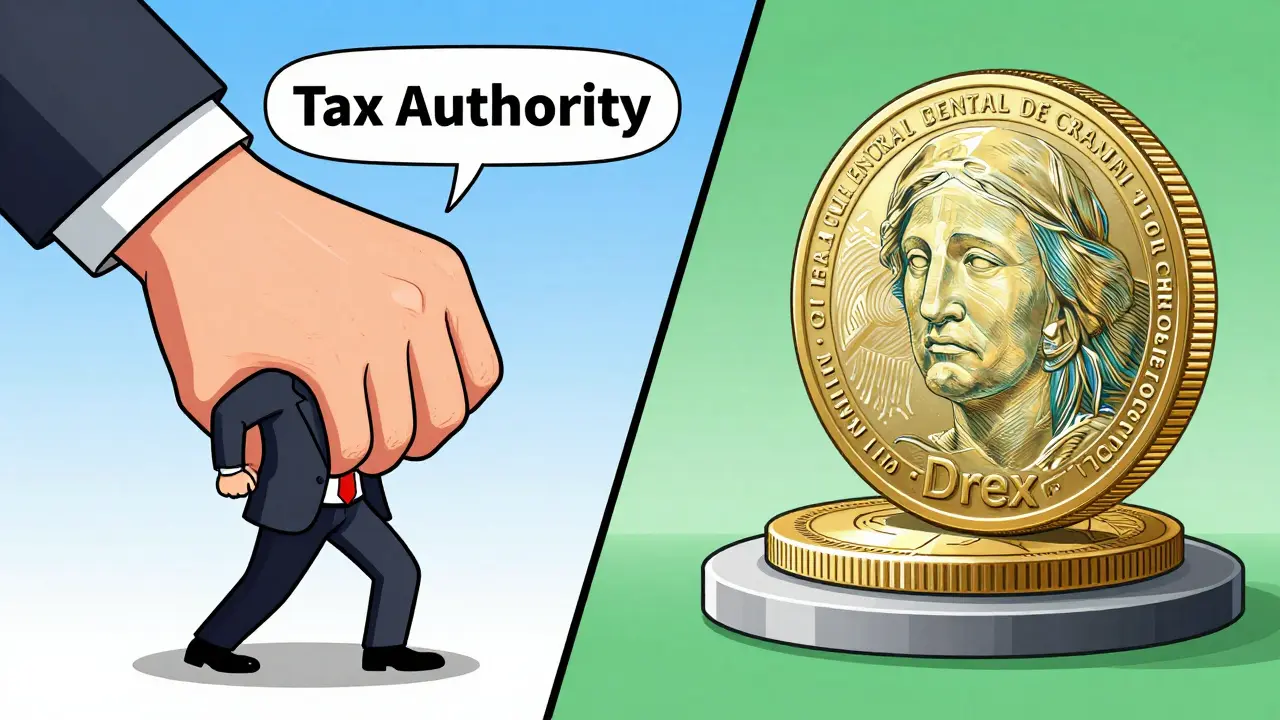 Cartoon comparing the taxing of private crypto with the creation of the Drex CBDC.
