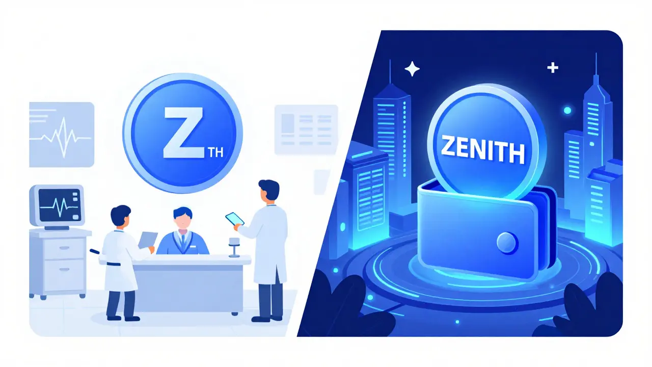 Cartoon comparison between the medical ZTH project and the high-tech ZENITH token ecosystem