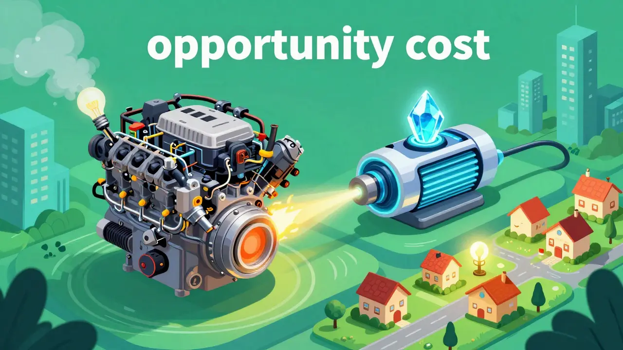 Cartoon contrasting a fuel-burning V8 engine with a clean electric motor powering a city