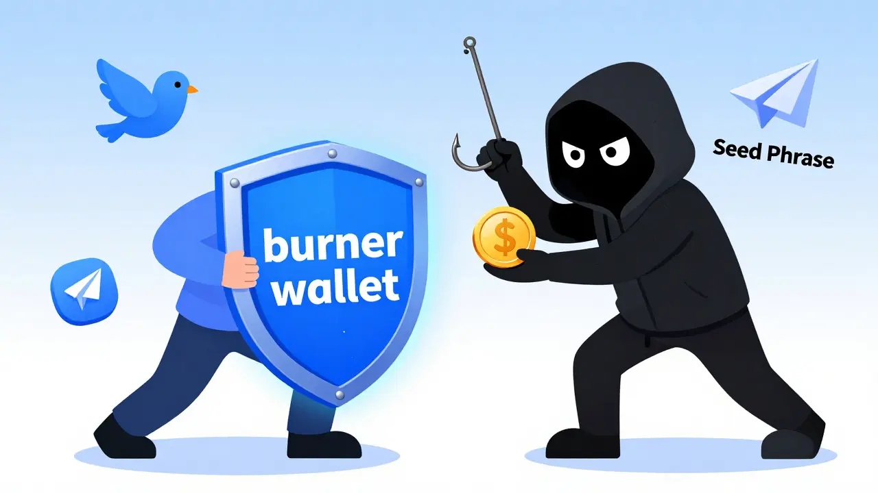 Cartoon depiction of a user using a digital shield to block a crypto scammer's phishing attempt