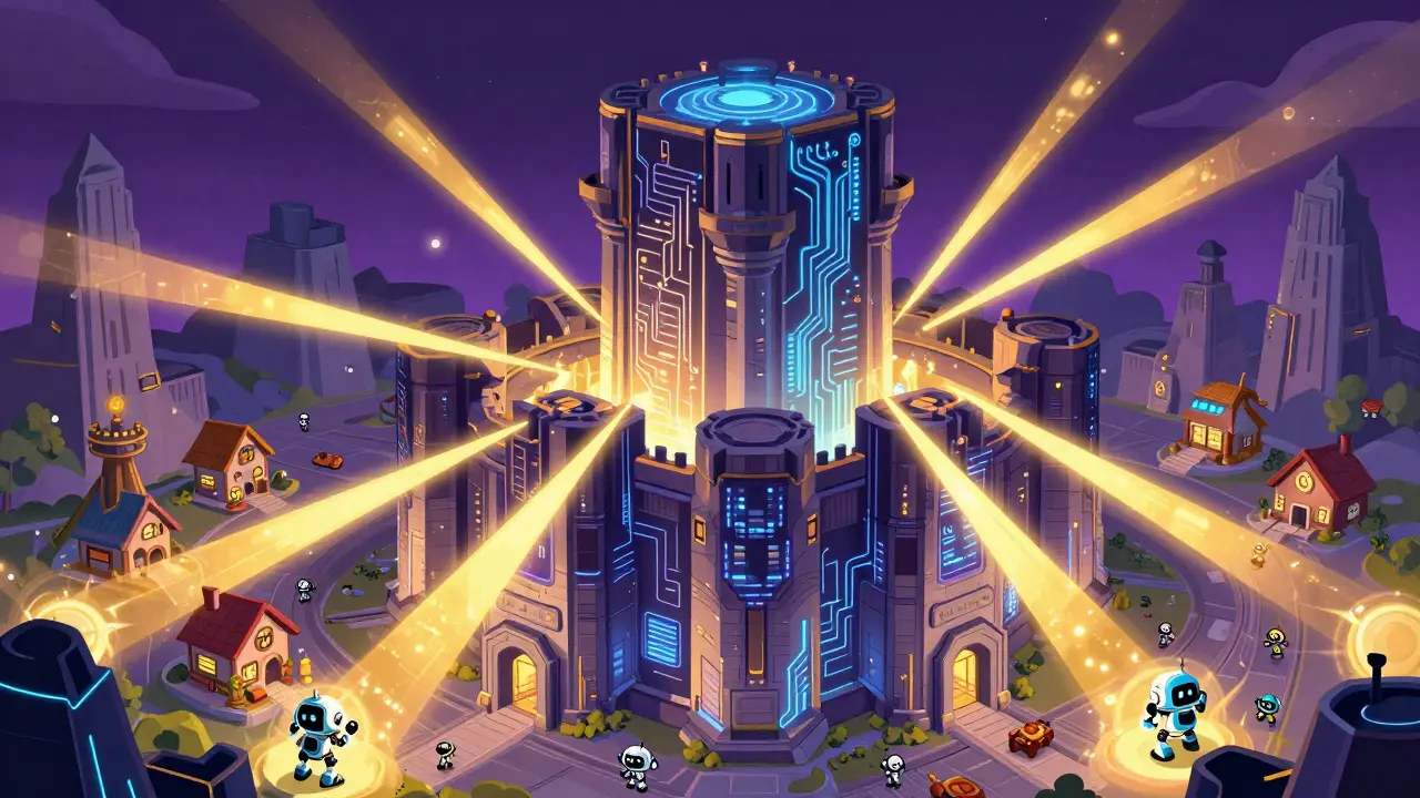 Cartoon illustration of a digital fortress sending energy beams to protect smaller villages