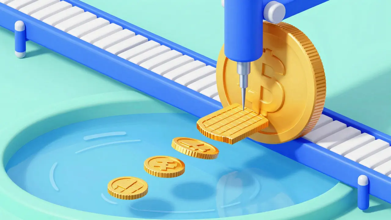 Cartoon illustration of a gold coin being split into smaller pieces for a trade