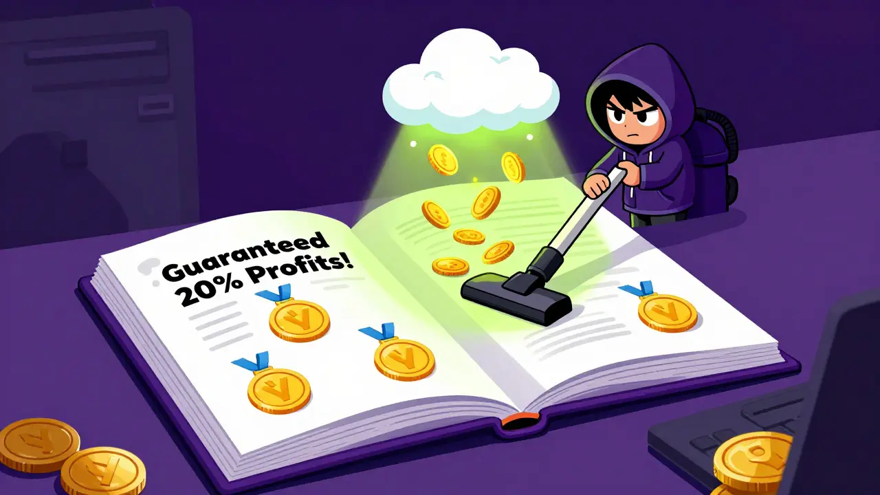 Cartoon illustration of a scammer using fake profit promises to steal crypto.