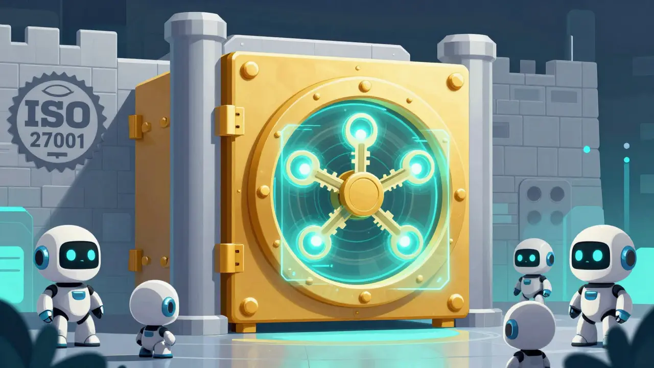 Cartoon illustration of a secure digital vault with multi-sig holographic keys