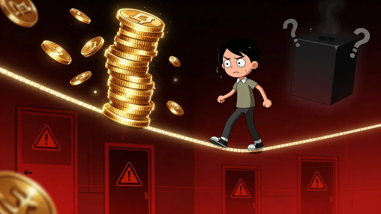 Cartoon of a character balancing glowing coins on a tightrope over red danger zones