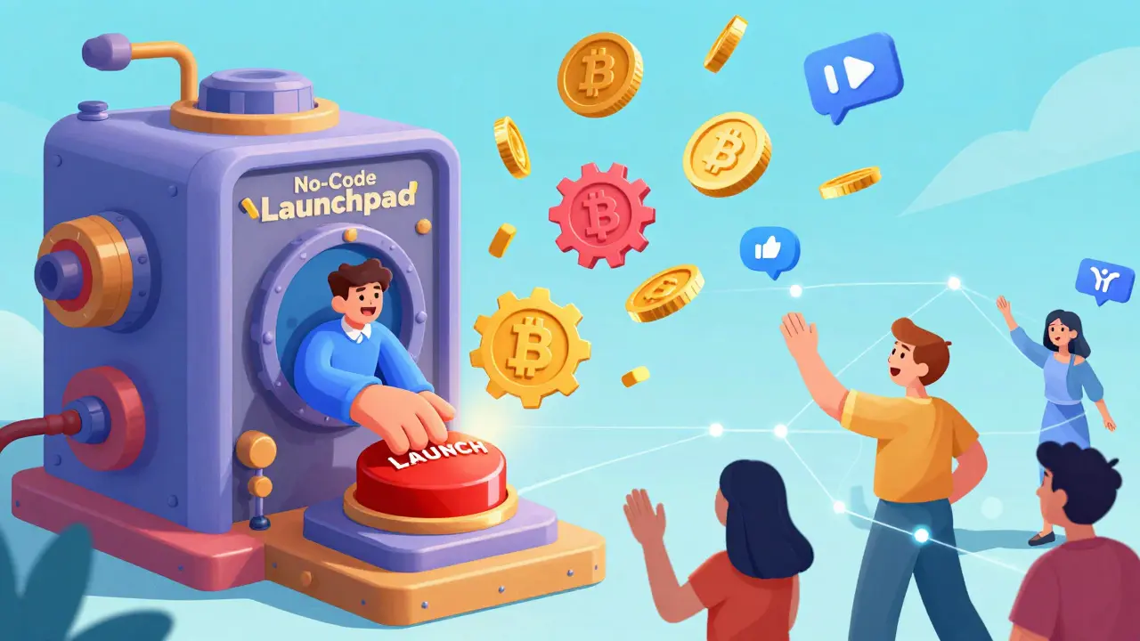 Cartoon of a creator using a no-code launchpad to distribute tokens to a community.