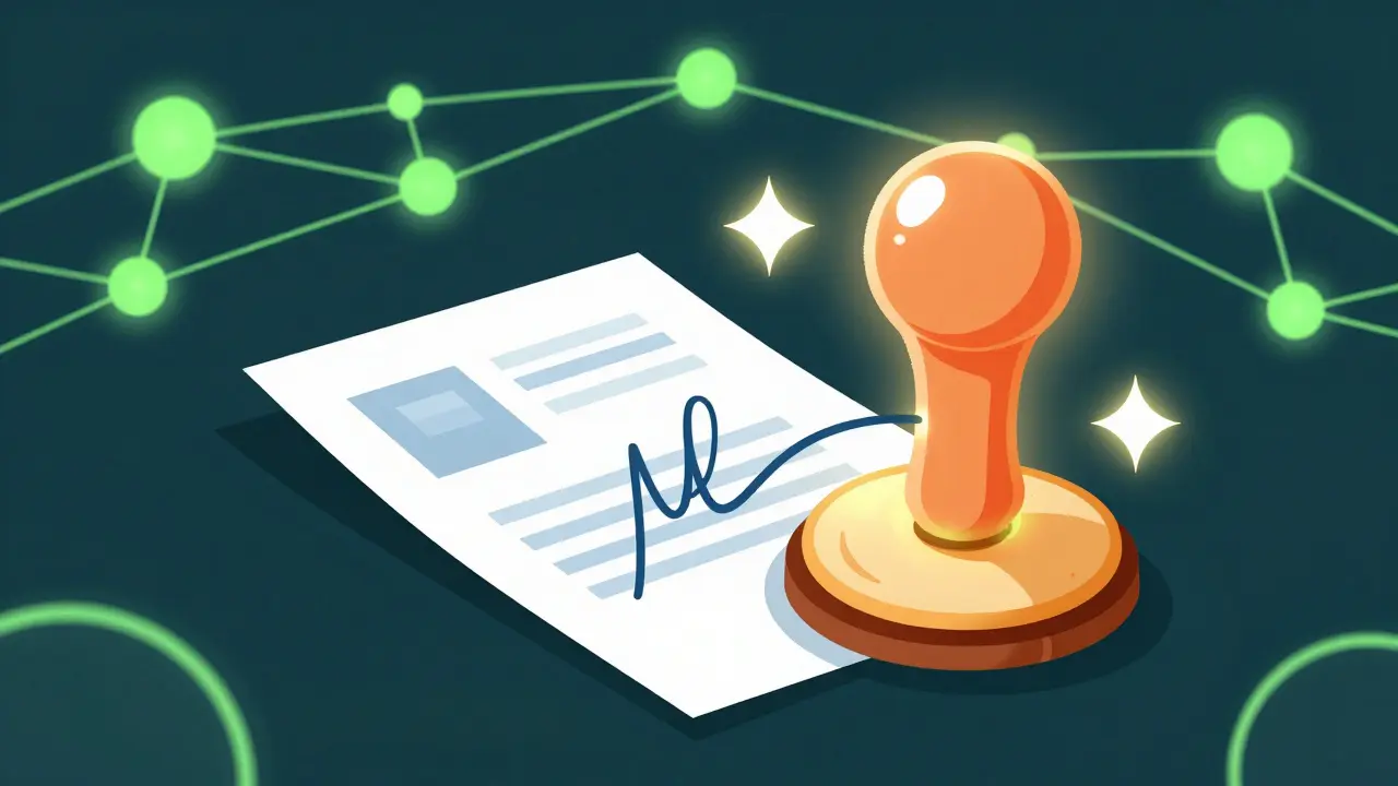 Cartoon of a digital transaction being verified by a glowing mathematical seal on a network.
