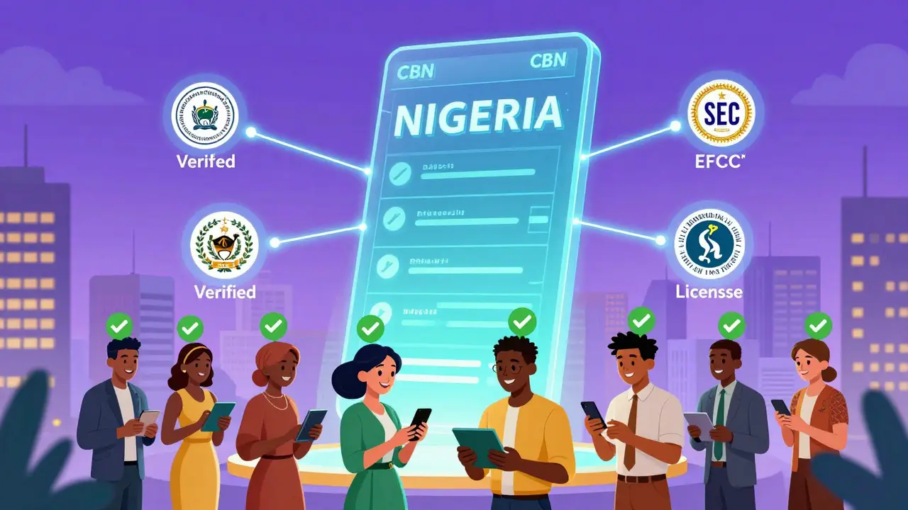 Cartoon of a futuristic digital ledger connecting Nigerian regulators and verified traders