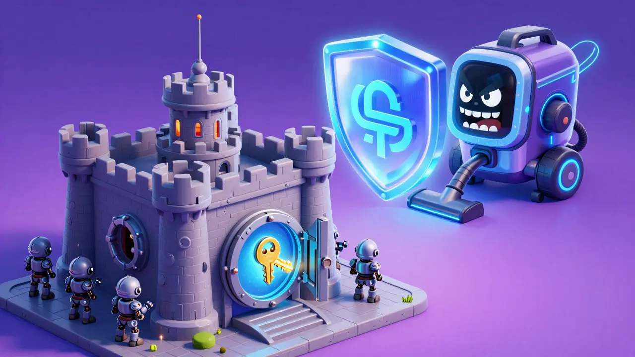 Cartoon of a hardware wallet as a tiny fortress protecting a key from a futuristic computer.