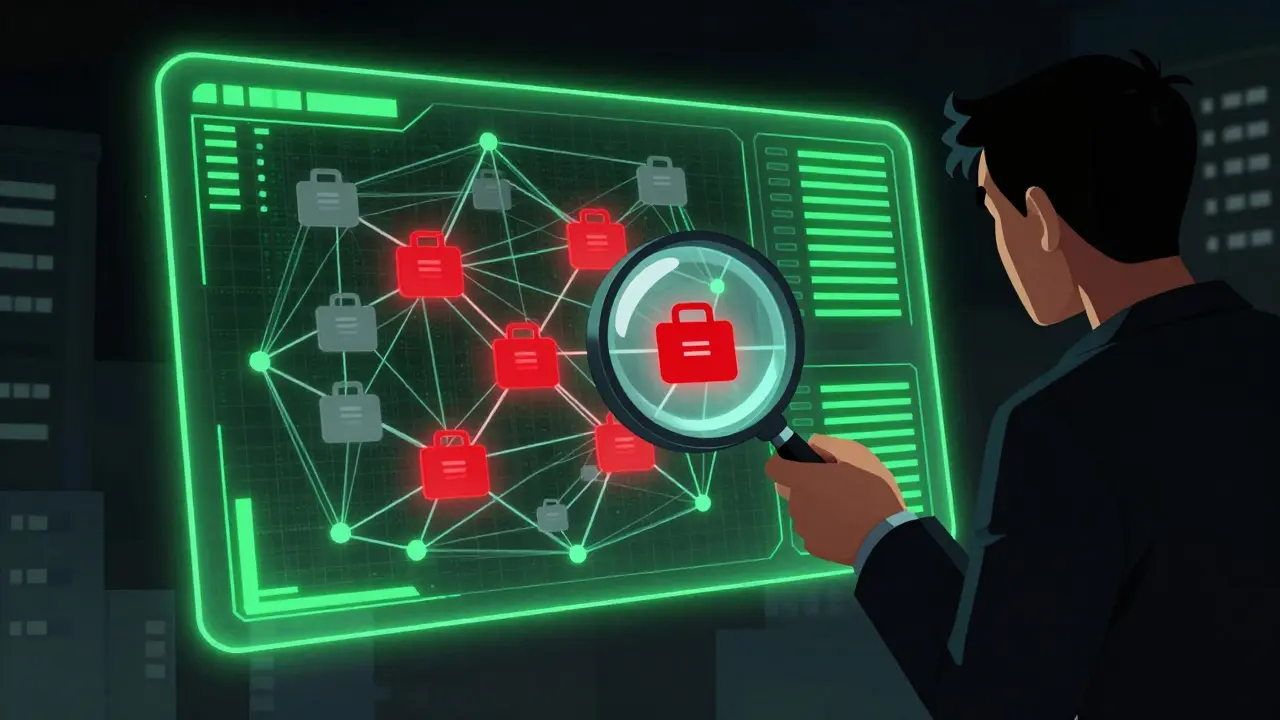 Cartoon of a magnifying glass revealing red links on a glowing blockchain web.