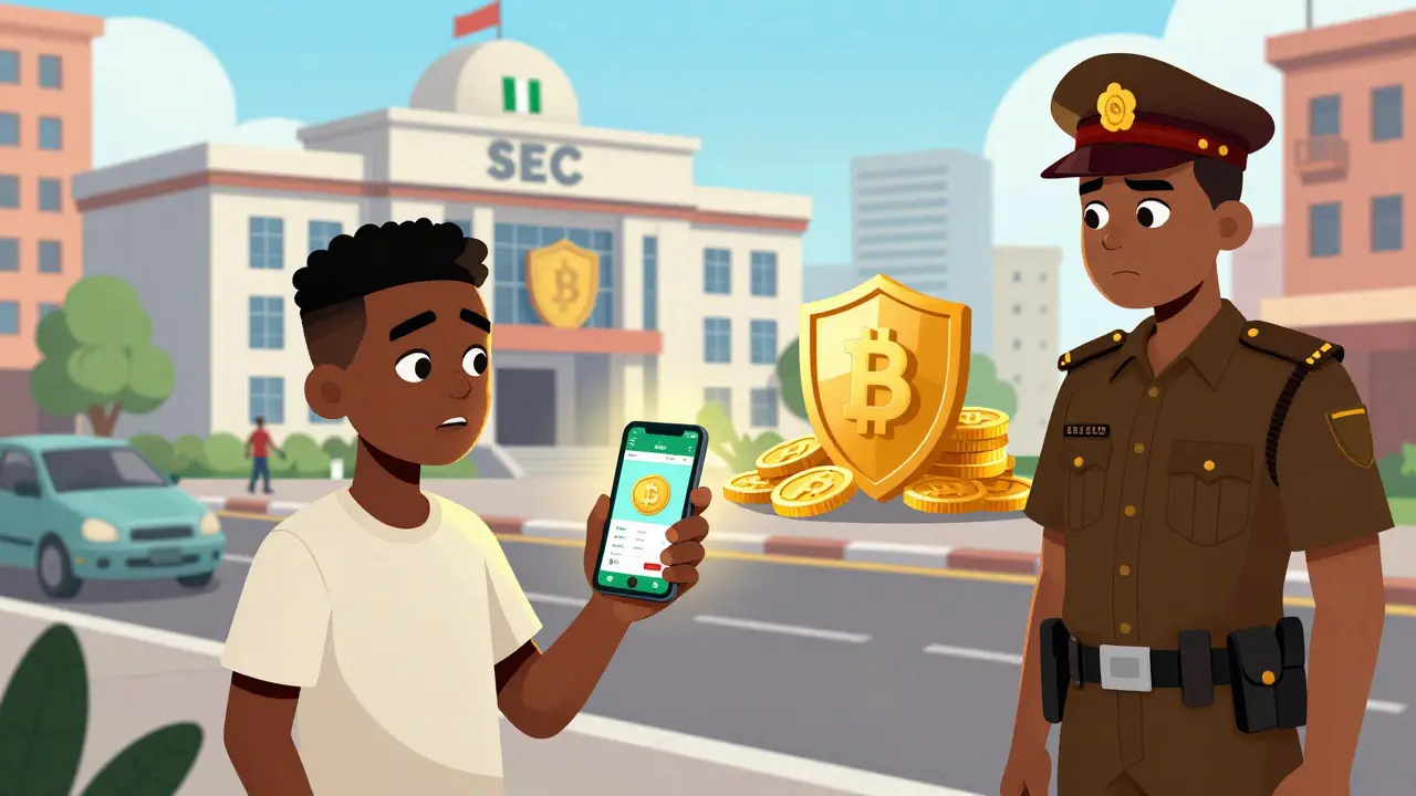 Cartoon of a Nigerian trader with a phone and a police officer under a protective SEC shield
