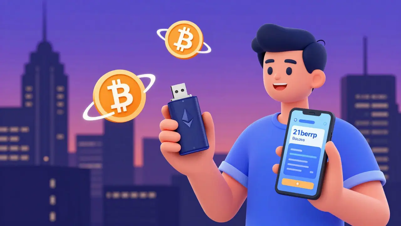 Cartoon of a person holding a hardware wallet with floating crypto coins.