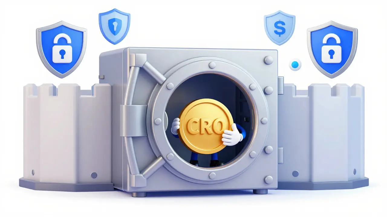 Cartoon of a person safely storing a CRO token in a secure hardware wallet.