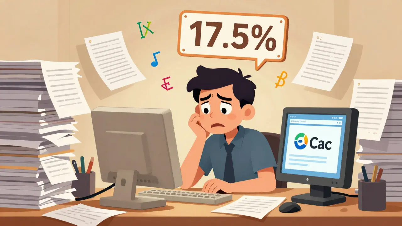 Cartoon of a trader overwhelmed by tax documents and the 17.5% tax rate calculation.