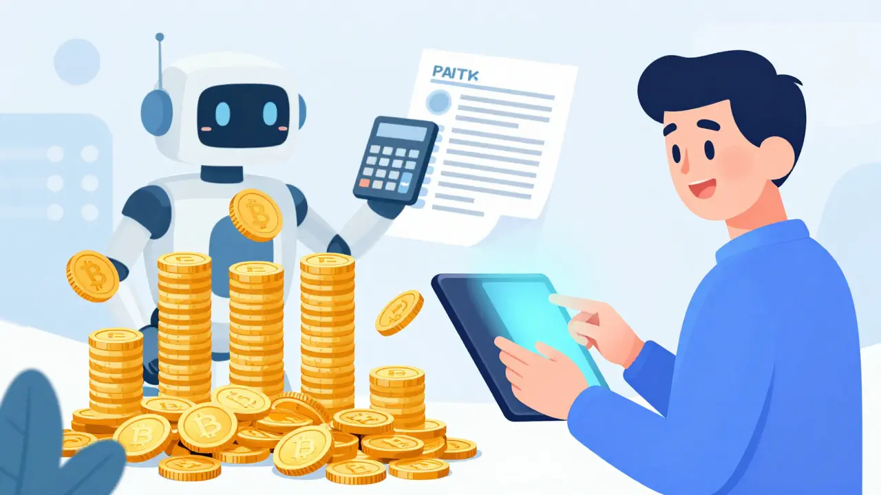 Cartoon of a user and robot assistant using software to organize crypto tax methods.