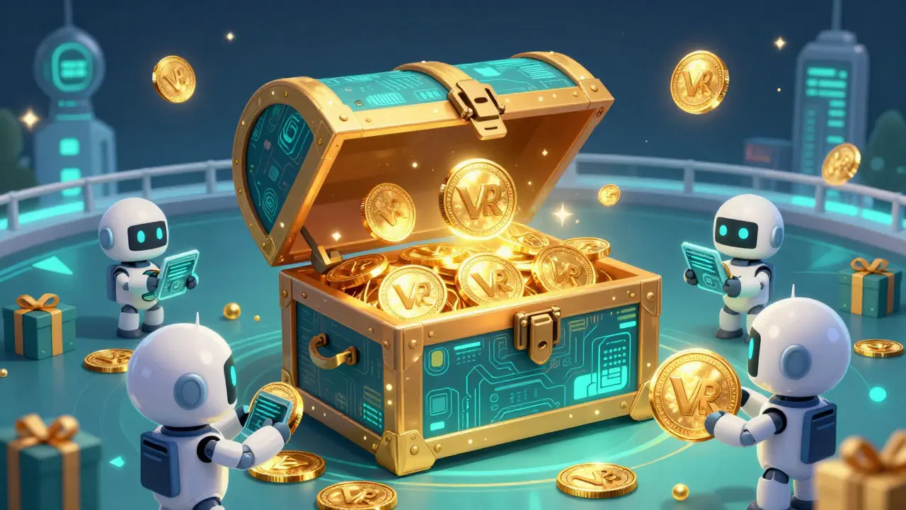 Cartoon of glowing VDR tokens being distributed into digital wallets