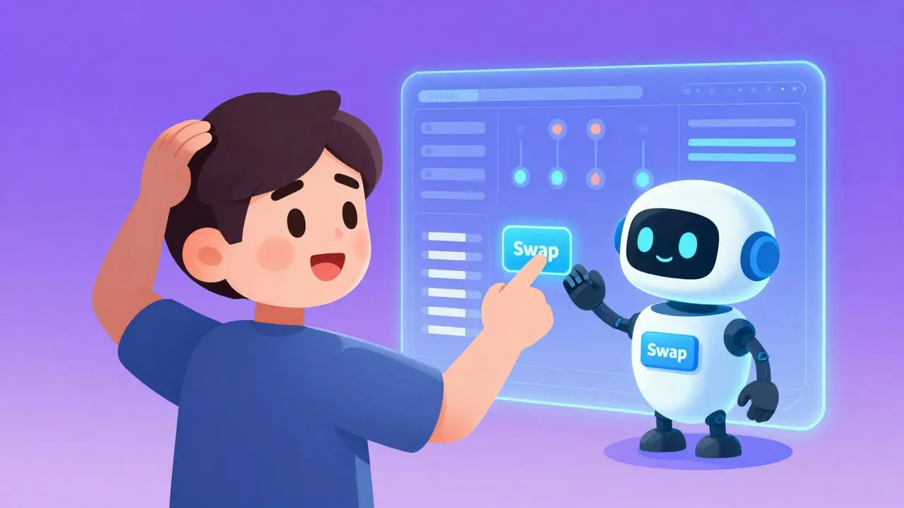 Cartoon robot guiding a confused user through a digital trading interface