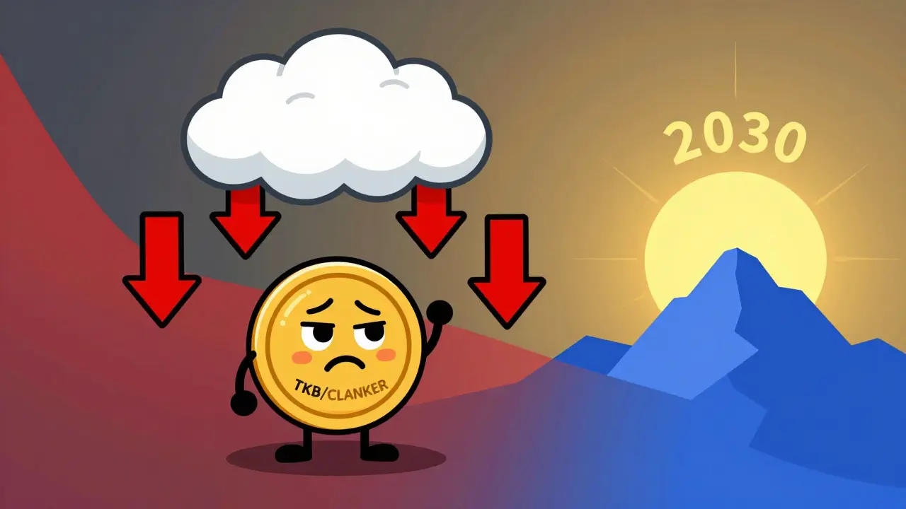 Cartoon showing a TKB coin under rain arrows with a distant sunny horizon for 2030.