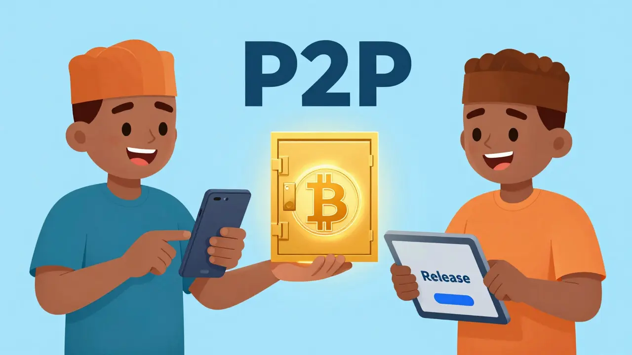 Cartoon showing two people trading crypto via a digital escrow locker.