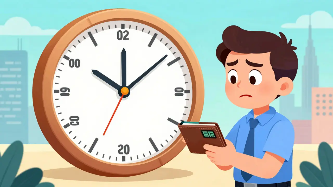 Cartoon trader waiting by a large clock for the scheduled withdrawal window