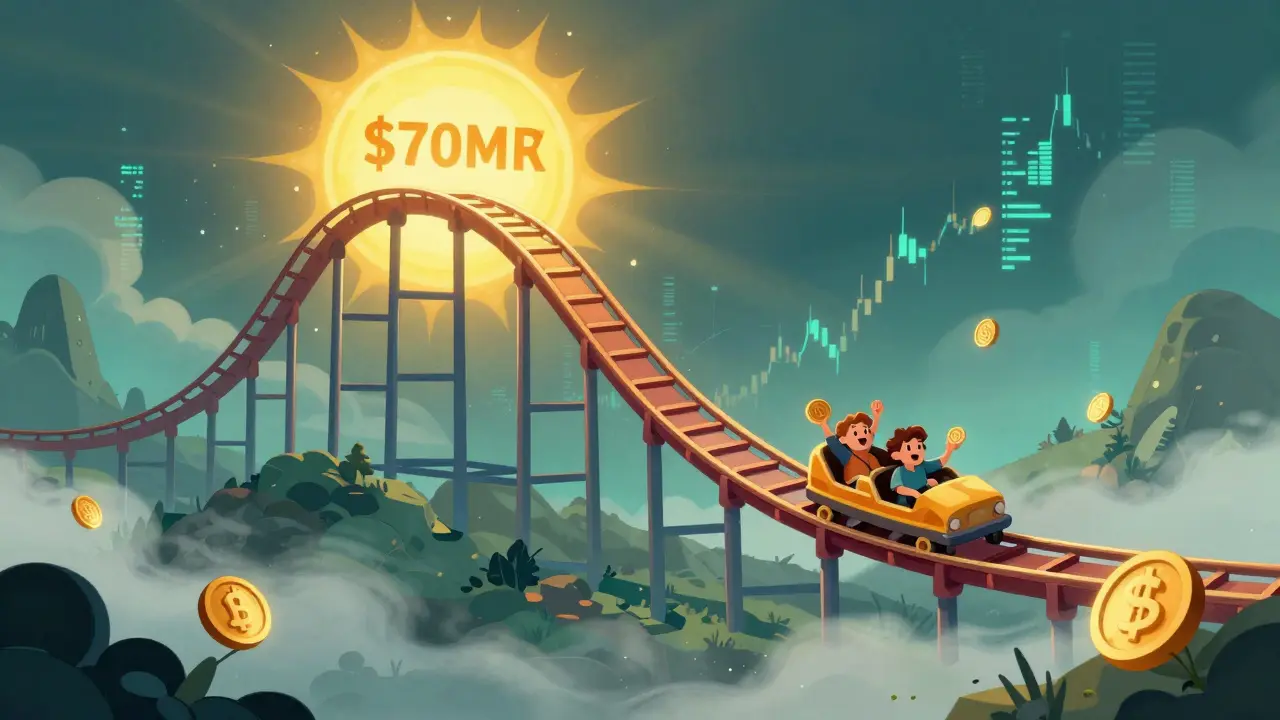 Characters on a rollercoaster shaped like a volatile price chart with LUM coins