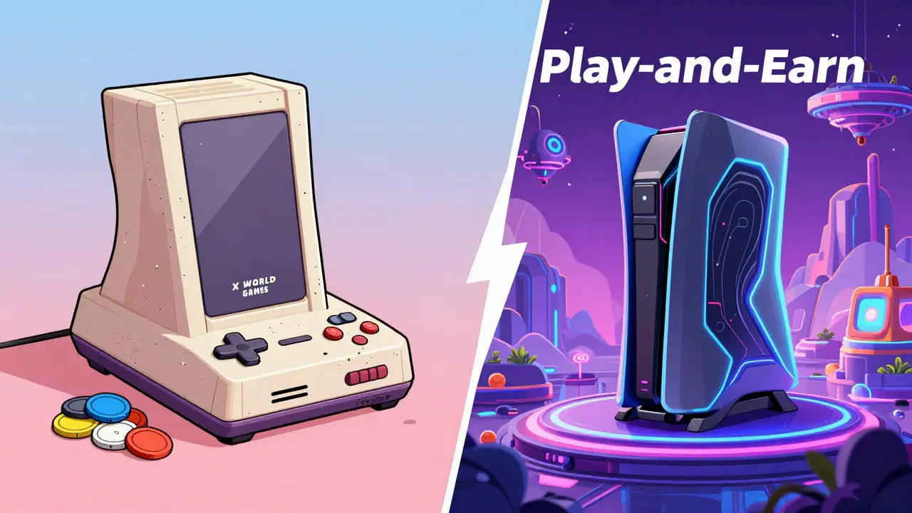 Comparison between an old gaming console and a futuristic rig showing the evolution of P2E gaming.