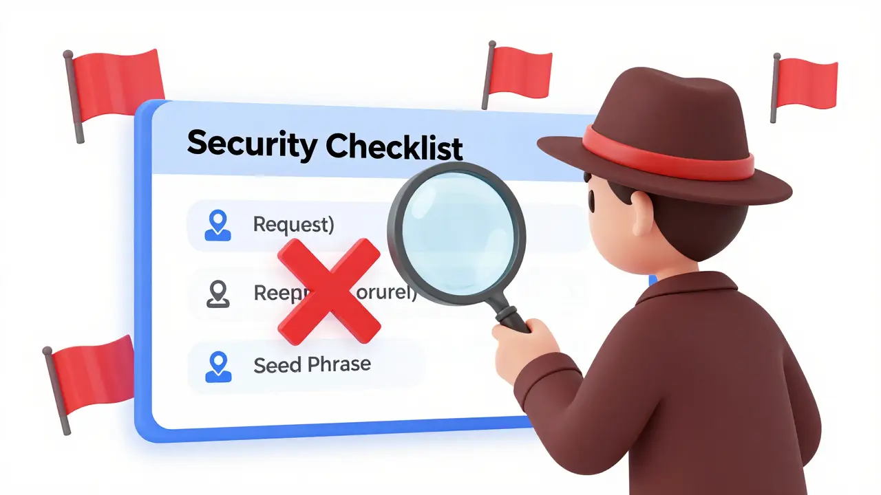 Crypto detective examining a fake website with warning flags and security alerts