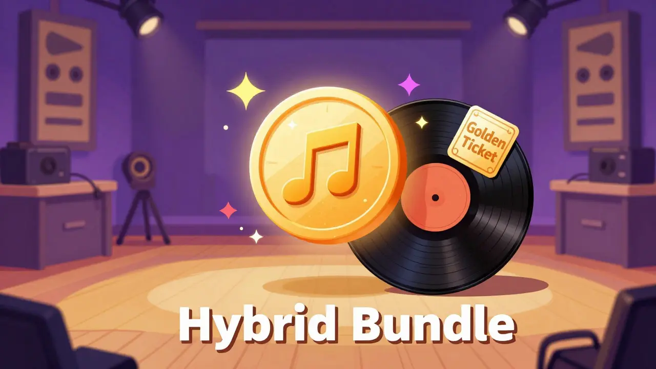 Digital music token paired with a physical vinyl record and a golden concert ticket
