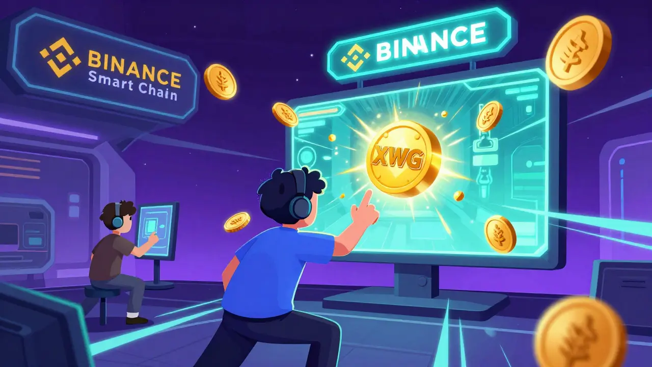 Gamer earning glowing golden XWG tokens from a holographic game in a neon hub.