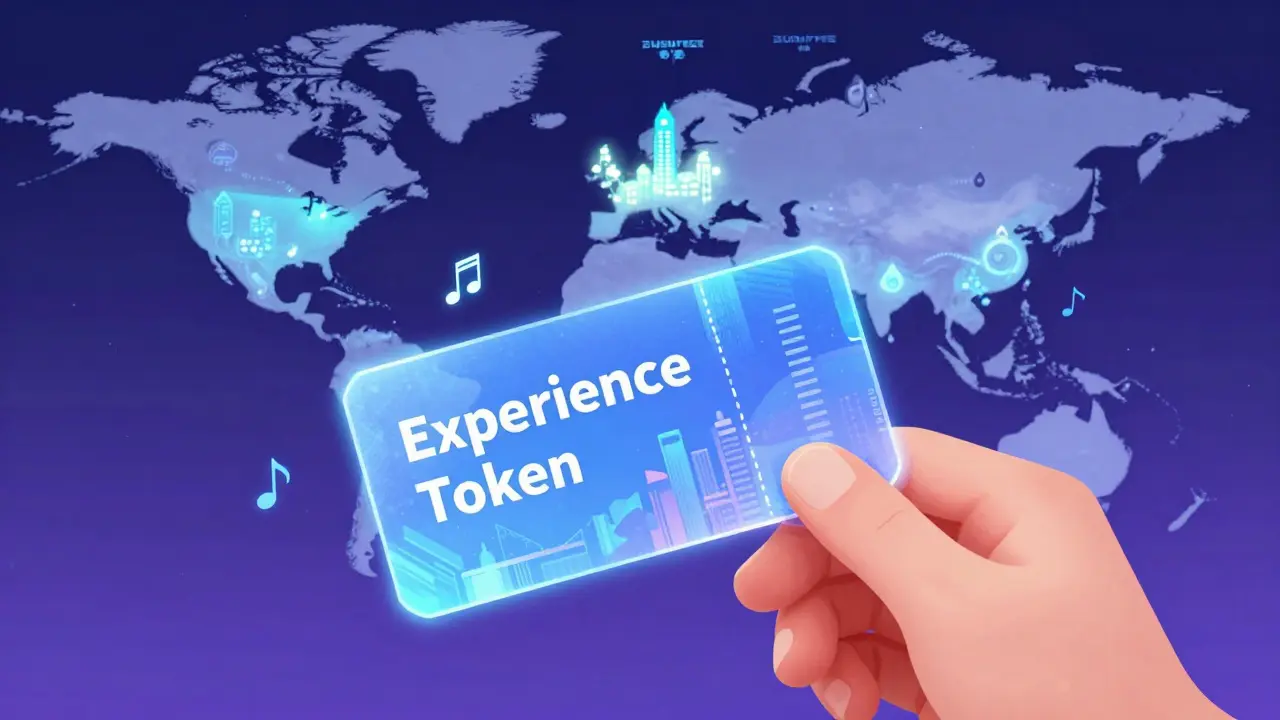 Holographic experience token evolving with musical notes and a global tour map