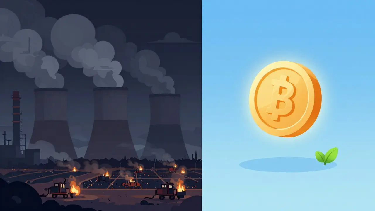 Illustration comparing a smoggy coal power plant with a clean digital coin and leaf