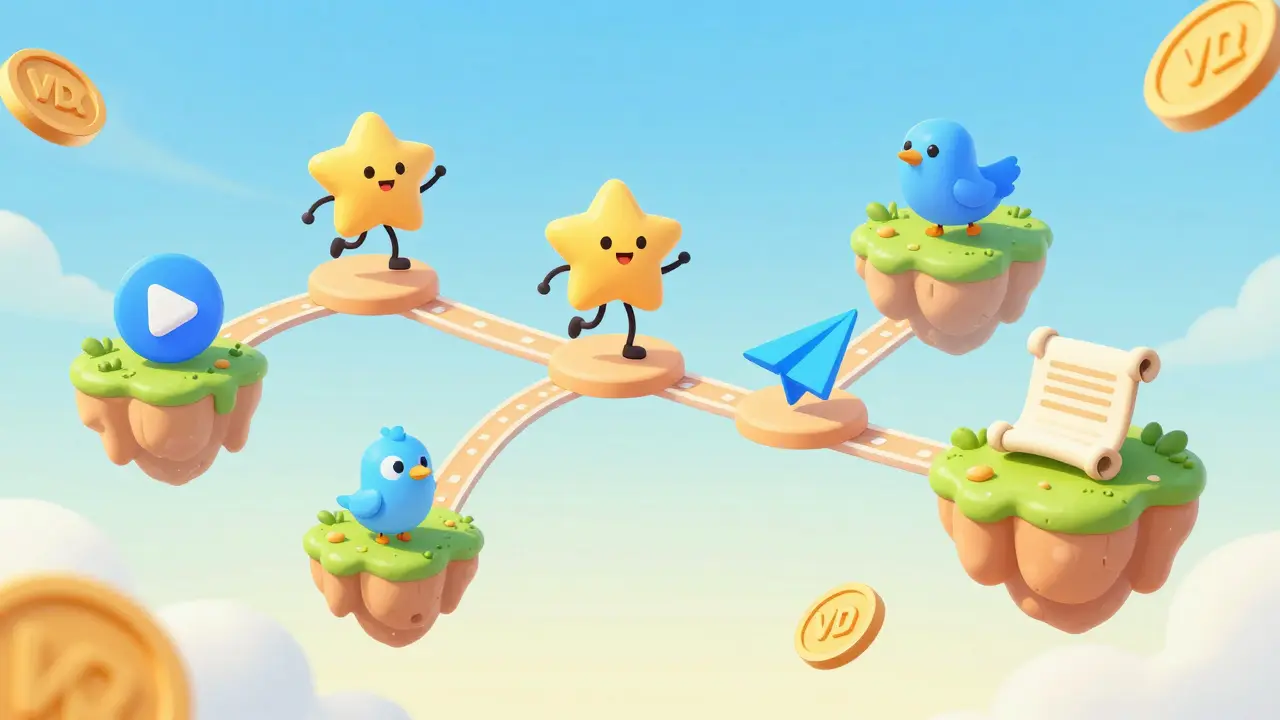 Illustration of a character completing six social tasks to enter an airdrop