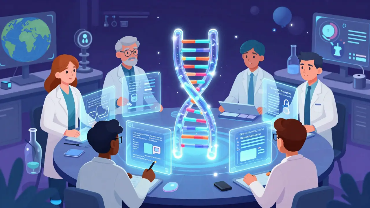 Scientists collaborating globally to share immutable medical research data via holographic displays.