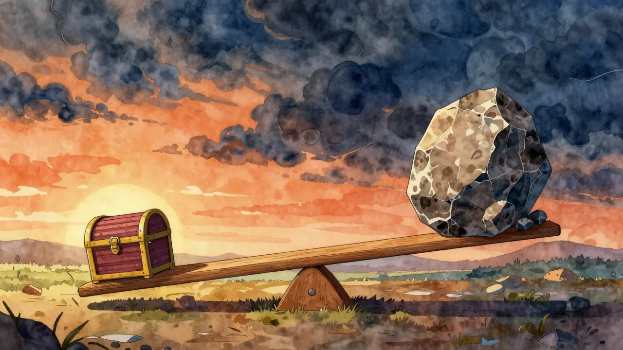 Seesaw balancing investment risk and reward in crypto markets.