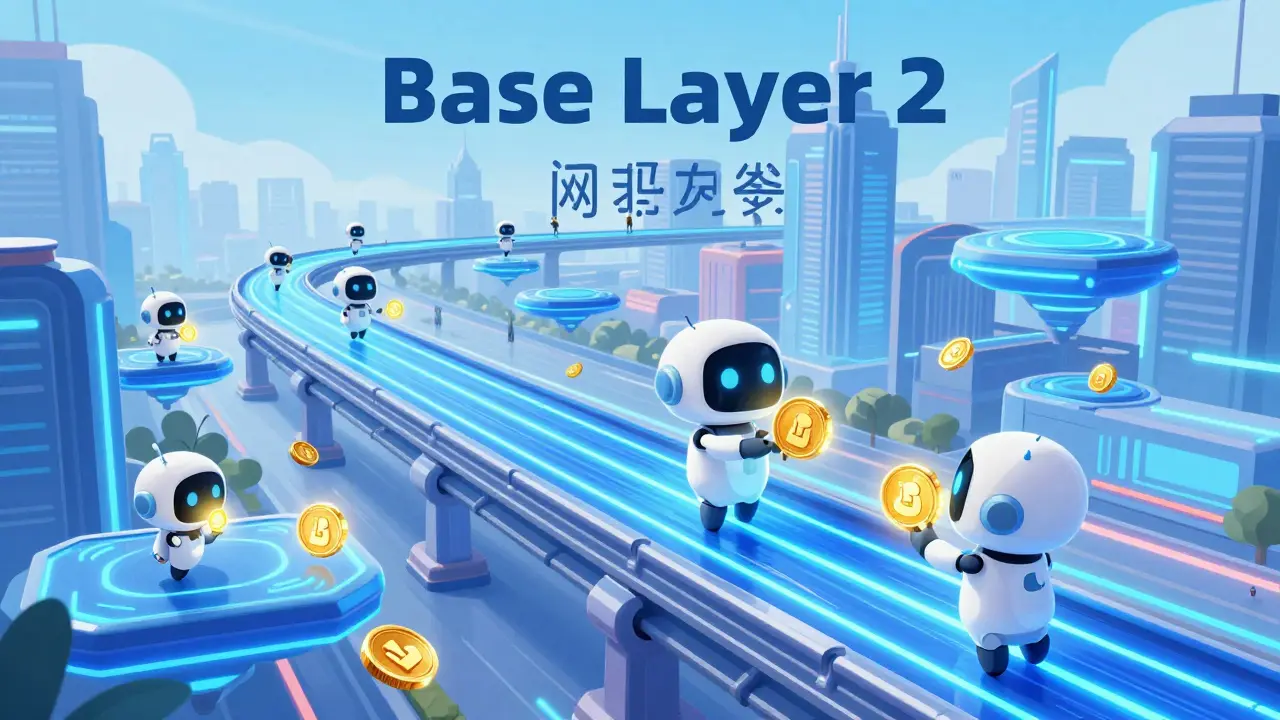 Small robots exchanging LUM coins on a neon blue futuristic Base network city