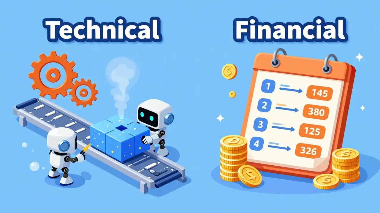 Split cartoon illustration comparing blockchain mining work and financial cost tracking.