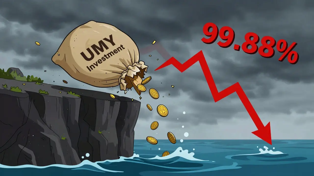 A heavy investment bag falling off a cliff into water, illustrating massive price drops.