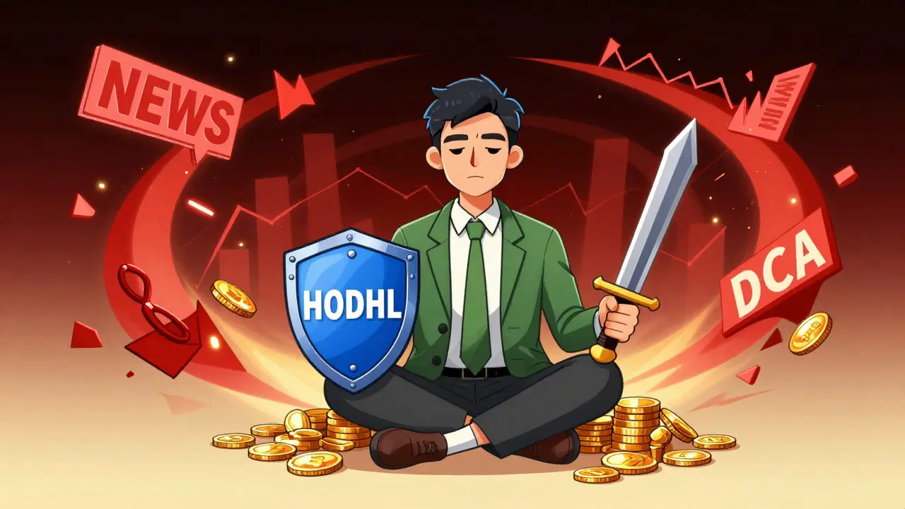 Calm cartoon investor using HODL and DCA shields against market chaos