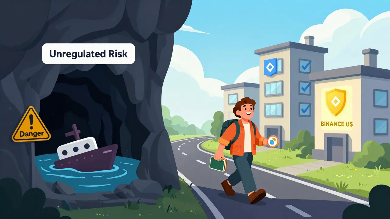 Cartoon comparison of dangerous unregulated exchange vs safe regulated platforms