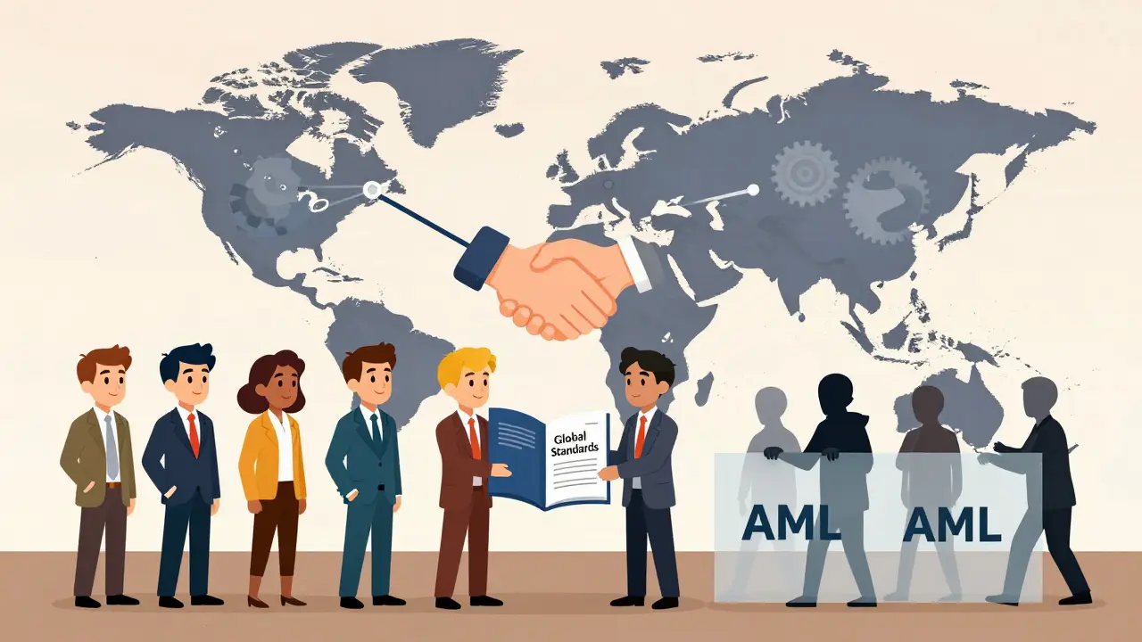 Cartoon map showing UK, US, and Singapore aligning crypto regulations globally