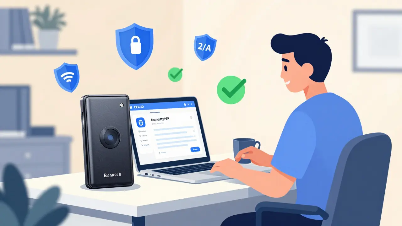 Cartoon of a user securing crypto with a hardware wallet and safe app