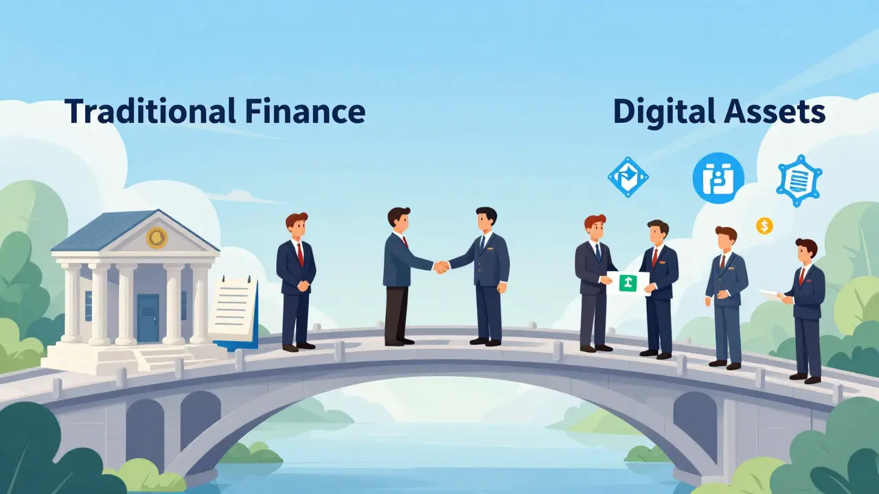 Cartoon of Croatian regulators bridging traditional finance and crypto, highlighting legislative reform and cooperation.