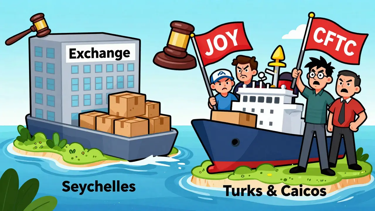 Cartoon of crypto exchanges fleeing Seychelles for Turks and Caicos under pressure