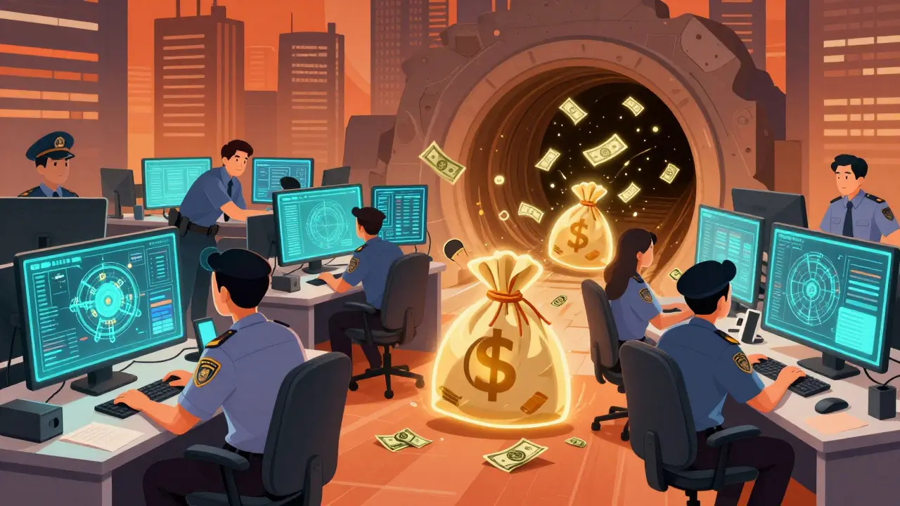 Cartoon of Philippine officials tracking crypto crimes and recovering assets, showing improved law enforcement.
