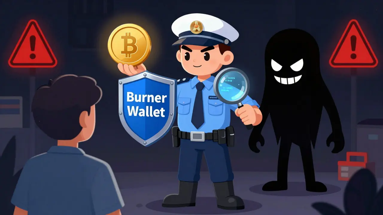 Cartoon security guard protecting user from crypto phishing scams