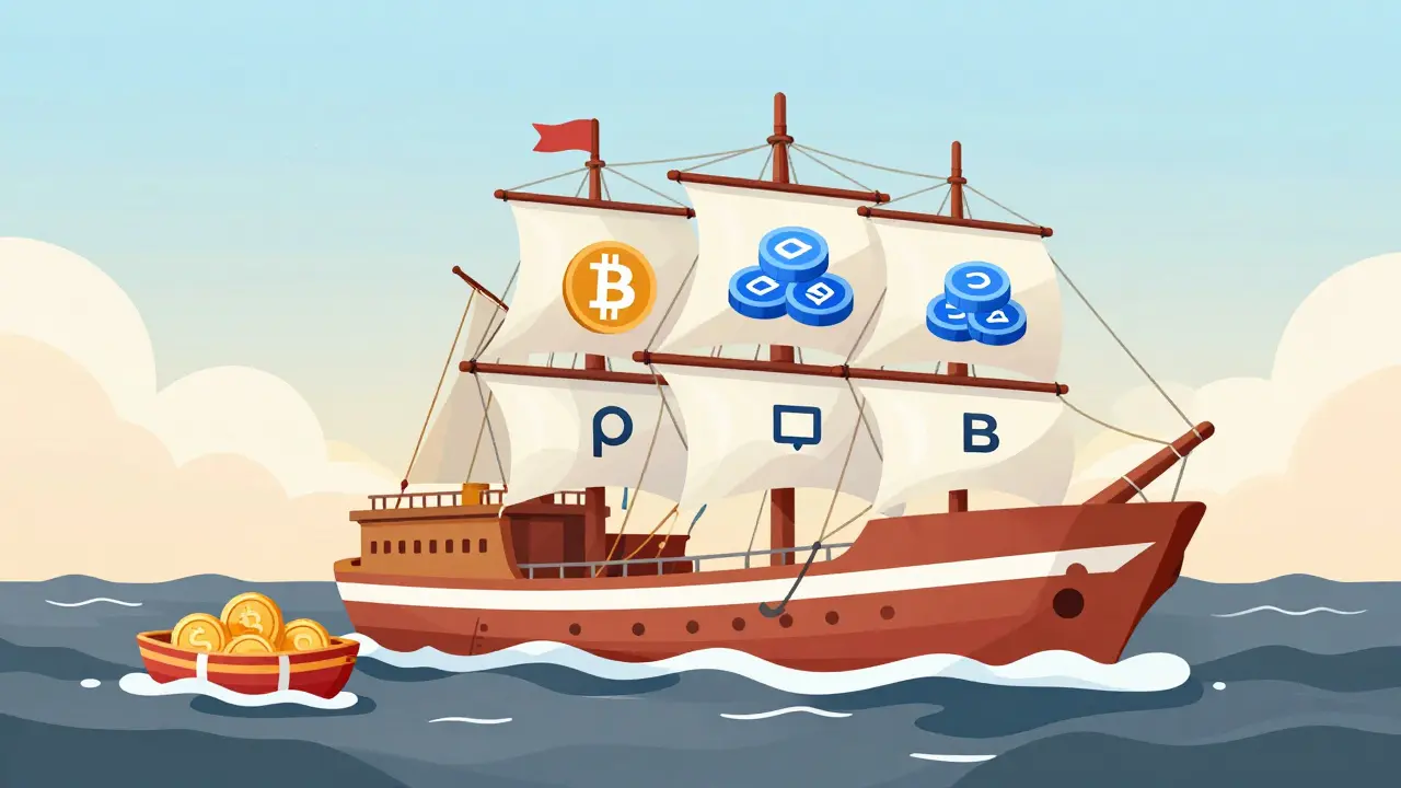 Cartoon ship representing a diversified crypto portfolio in rough seas